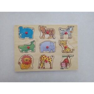 Wooden Zoo Animals Peg Puzzle 9 Pcs 11.5 x 8.5" Monkey Lion Elephant Zebra